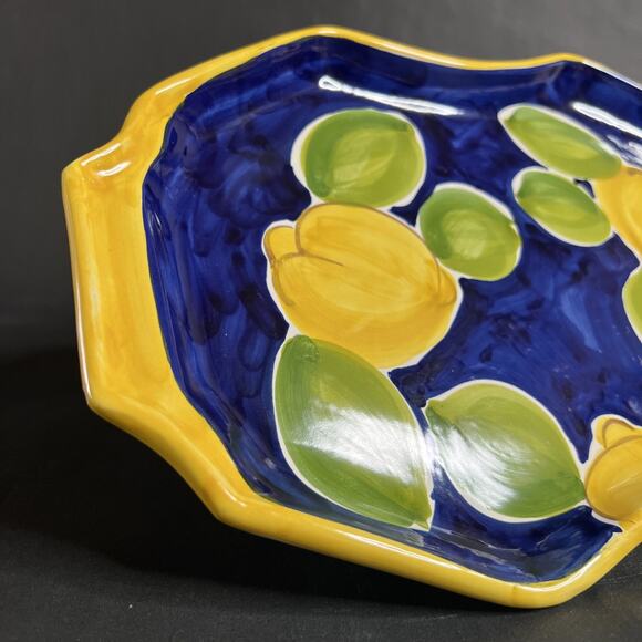 Ceramica Artistica Italy Handled Cake Plate – Lemons on Blue with Yellow Trim - Picture 3 of 8